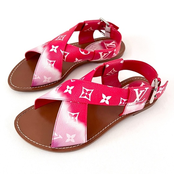 LOUIS VUITTON || Escale Palma Red Pink Ombré LV Monogram Logo Sandals EU 37.5 - Picture 1 of 13
